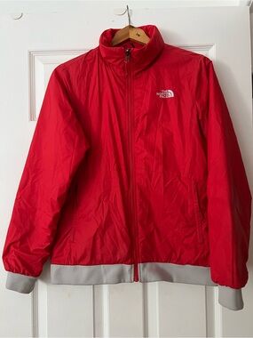 The North Face Women Red Windbreaker Jacket with Gray Trim